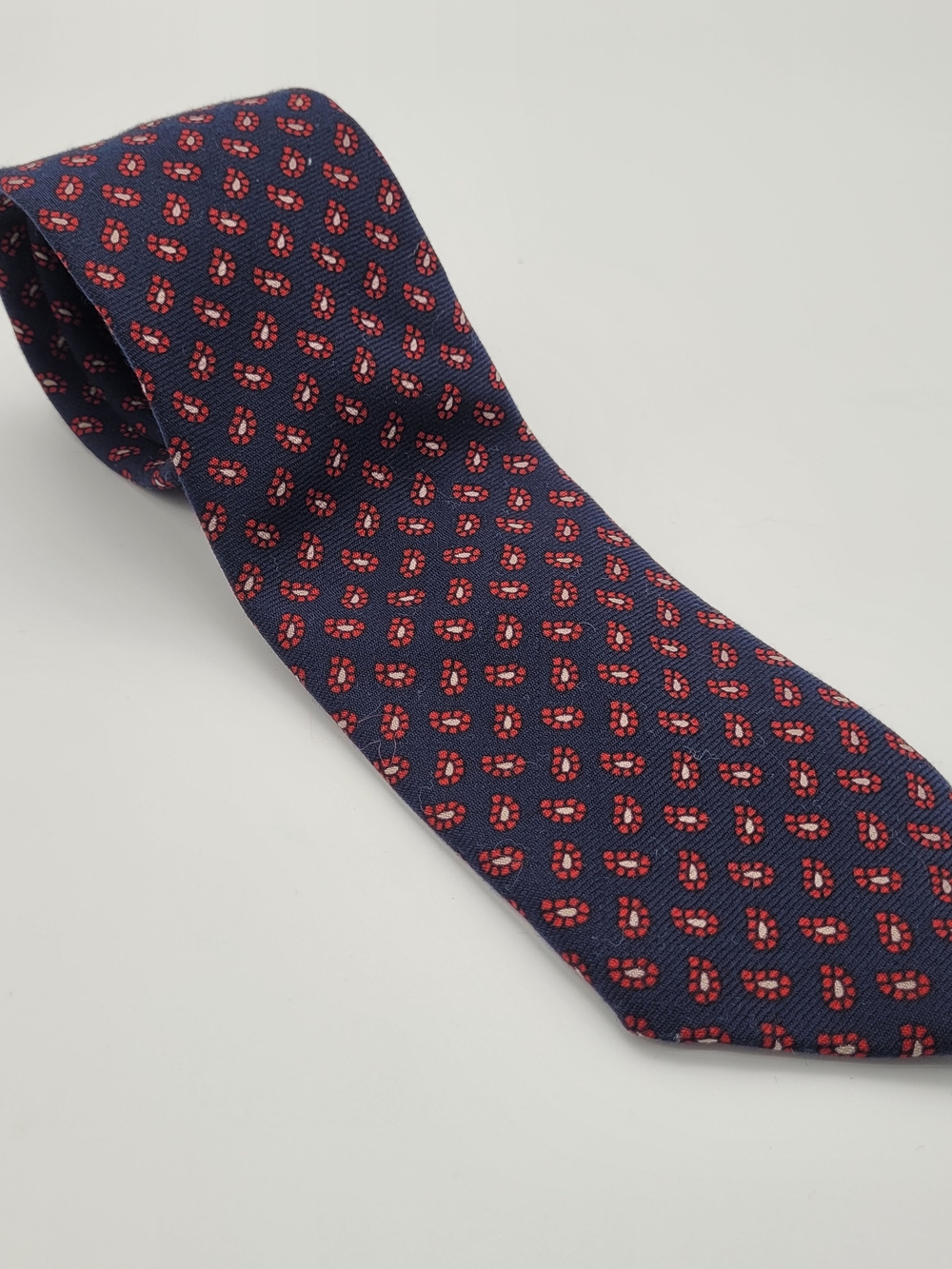 Lands' End Charter Collection Wool Navy Tie with Red Geometric Motif